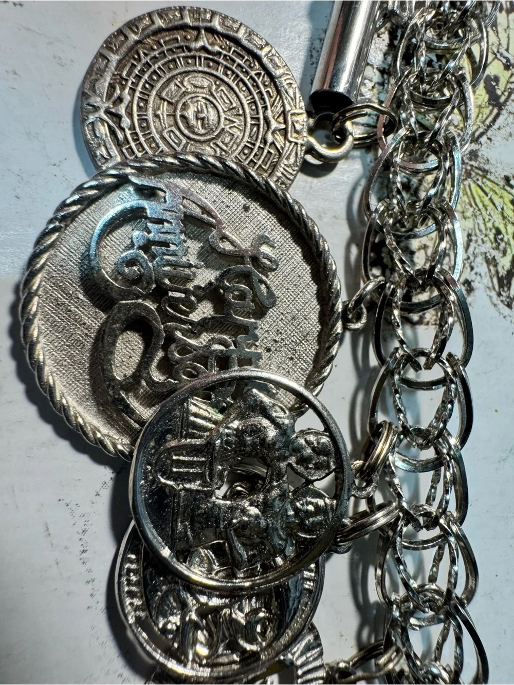Vintage A&M Sterling Silver Charm Bracelet 7.25” 34.3g Aztec Calendar